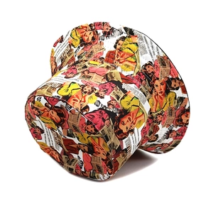 Detail shot of vintage comic print bucket hat with nostalgia typography and cotton texture