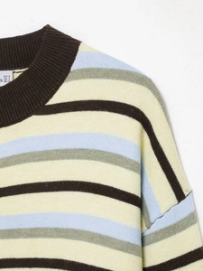 Detail of multi-color striped knit sweater showing brown ribbed crewneck and soft fabric texture