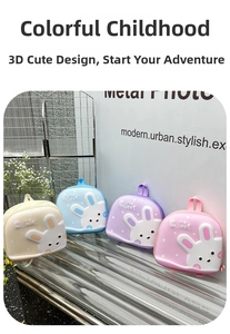 Detailed display of four colorful 3D bunny toddler backpacks on transparent racks