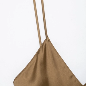 Elegant brown silk satin camisole dress with thin straps and minimalist backless design