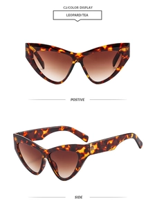 Detailed views of leopard print cat eye sunglasses with gradient tea lenses from multiple angles