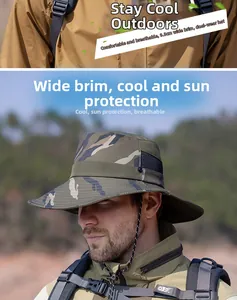 Detail view of 9.5cm wide camo sun hat brim with breathable mesh and chin strap