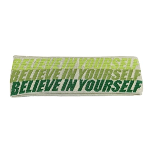 Elastic knitted beige sports headband with Believe In Yourself text for yoga and running