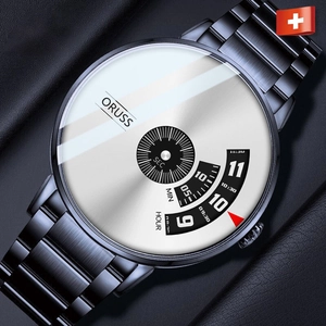 Close-up of rotatable disc dial and black steel strap on a waterproof quartz watch