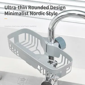 Morandi grey plastic sink faucet rack for kitchen storage with stainless steel elements