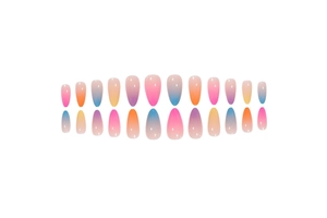 Unghie finte sfumate arcobaleno a mandorla con finitura lucida in colori macaron