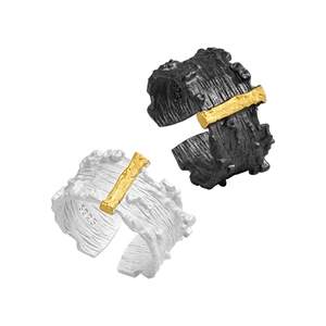 Irregular bark texture S925 sterling silver open ring with gold contrast finish