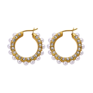 French vintage golden hoop earrings with white pearls and zircons on white background
