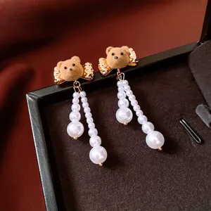Flocked Bear Drop Earrings With Faux Artificial Pearl Tassel And Silver Earring Post For Women Fashion Cute Elegant Accessory