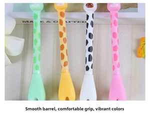 Detail of four colorful cartoon giraffe pens with cute animal caps and printed barrels