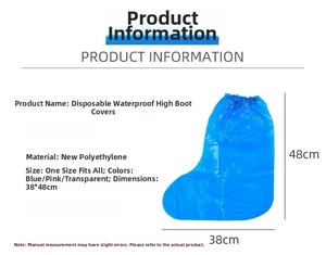 Detailed sizing chart for blue PE disposable high-top waterproof boot covers with measurements