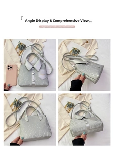 Detailed views of silver shirt-collar crossbody bag with buttons and crackled texture