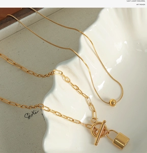 Detail of double-layer gold necklace with padlock pendant and OT toggle clasp on tray