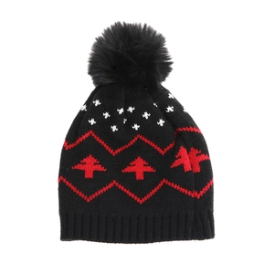 Kids winter knit beanie with red Christmas tree pattern and black faux fur pom pom