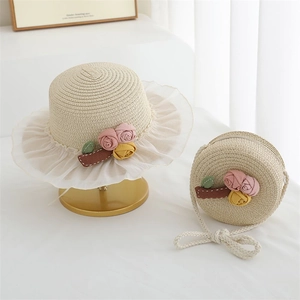 Kids straw sun hat and matching crossbody bag set with lace and floral decorations