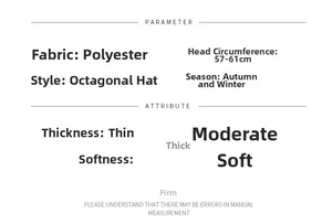 Detailed technical chart showing polyester octagonal hat size 57-61cm and fabric parameters