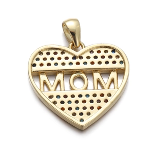 Close-up of gold heart pendant with colorful gemstones and cutout MOM lettering