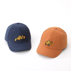 Detailed embroidery of yellow excavator on kids cotton twill baseball caps