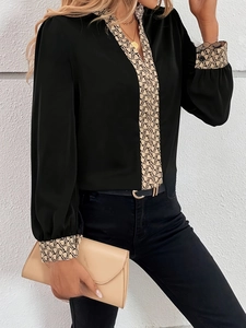 Chemisier femme à col en V, manches longues avec patchwork imprimé léopard noir