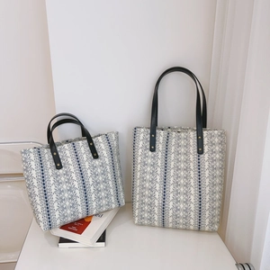 Women French Floral Stripe Cotton Canvas Tote Bag With PU Leather Handle Large Capacity Literary Vintage Handbag