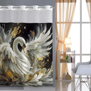 Artistic double-layer shower curtain featuring a black and white swan with gold accents