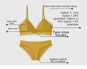 Detailed flat lay of ginger yellow floral lace lingerie set with size and material info