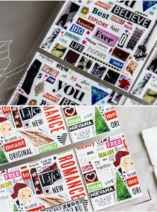 Detail of Pop Art style ultra-thin nail stickers with vintage letters and artistic motifs