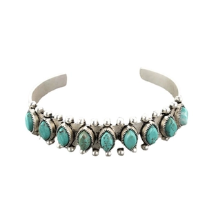 Bohemian style open cuff bracelet with vintage silver finish and nine marquise turquoise stones