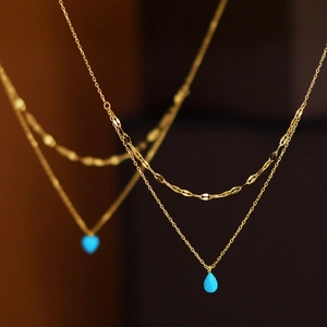 Vintage Double Layer Stainless Steel Gold Plated Necklace Blue Artificial Opal Heart Waterdrop Pendant Jewelry For Women