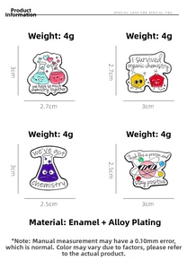 Detail showing enamel chemistry pins with flask designs and size measurements