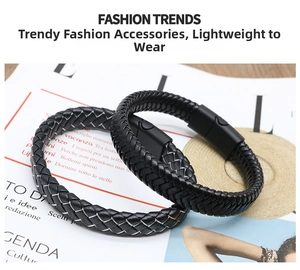 Detail view of woven leather bracelets for men with magnetic matte metal clasps