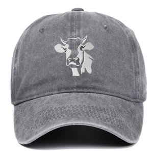 Washed dark grey cotton baseball cap featuring minimalist cow embroidery in a vintage style