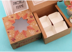 Detail of Christmas kraft paper gift box with snowflake window and four-slot insert