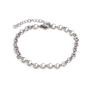 Detailed shot of silver steel chain bracelet with lobster clasp and extension links