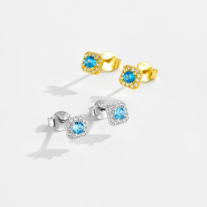 S925 sterling silver square stud earrings with blue gemstone and white diamonds