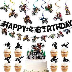 Motocross Birthday Party Decoration Black Glitter Paper Banner PVC Hanging Swirls Cake Toppers Racing Motorbike Theme Decor