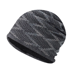 Detailed view of dark grey knit beanie with rhinestones and thick warm fleece lining