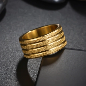 Men's wide gold triple-layer matte ring with hand-polished brushed texture finish