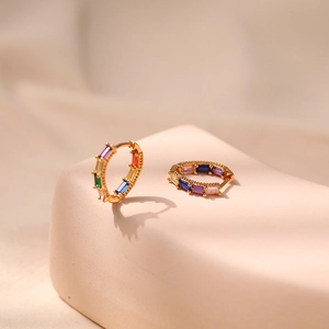 Rainbow huggie earrings with colorful zircons and 18K gold plated minimalist hoop design