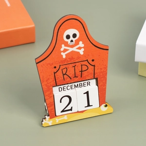 Detail of tombstone Halloween wooden advent calendar with movable date sliders