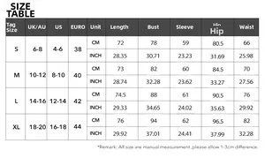 Tableau guide des tailles détaillé pour robe moulante sexy Y2K à manches longues