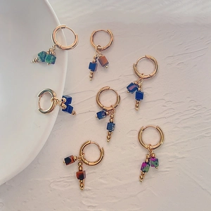 Natural Stone Hoop Earrings Stainless Steel 18K Gold Plated Square Gemstone Dangle French Retro Style For Women