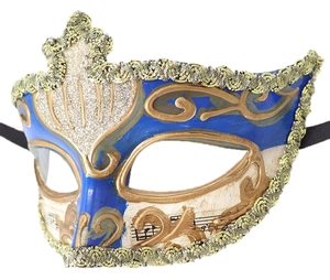 Detail of blue and gold Venetian masquerade mask with music scores and golden trim