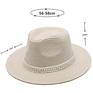 Chapeau Panama en paille avec perles et franges affichant les dimensions 56-58cm