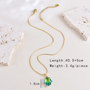 Gold stainless steel necklace with translucent green Hamsa hand pendant and size specs