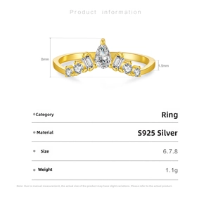Detail specifications of S925 sterling silver V-shape crown ring with pear-cut zircon