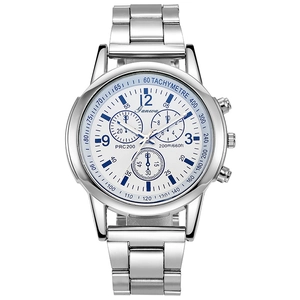 Silver stainless steel quartz watch with white multifunctional dial and blue accents