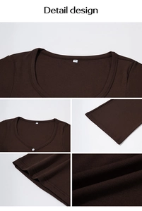 Dettaglio del top in maglia marrone scuro con scollo a U, bottoni ed etichetta della taglia S