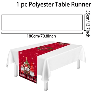 Polyester table runner detail with Merry Christmas gnome print and size dimensions
