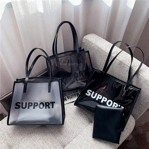 Transparent PVC Tote Handbag With Inner Pouch Letter Print Fashion Women Shoulder Bag Large Capacity Waterproof Minimalist